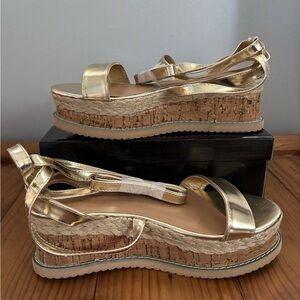 Gold Metallic Cork Platform Sandals Tie Strappy PrettyLittleThing Size 10